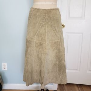 Beigh Boho Suede Leather Midi Skirt, S/M